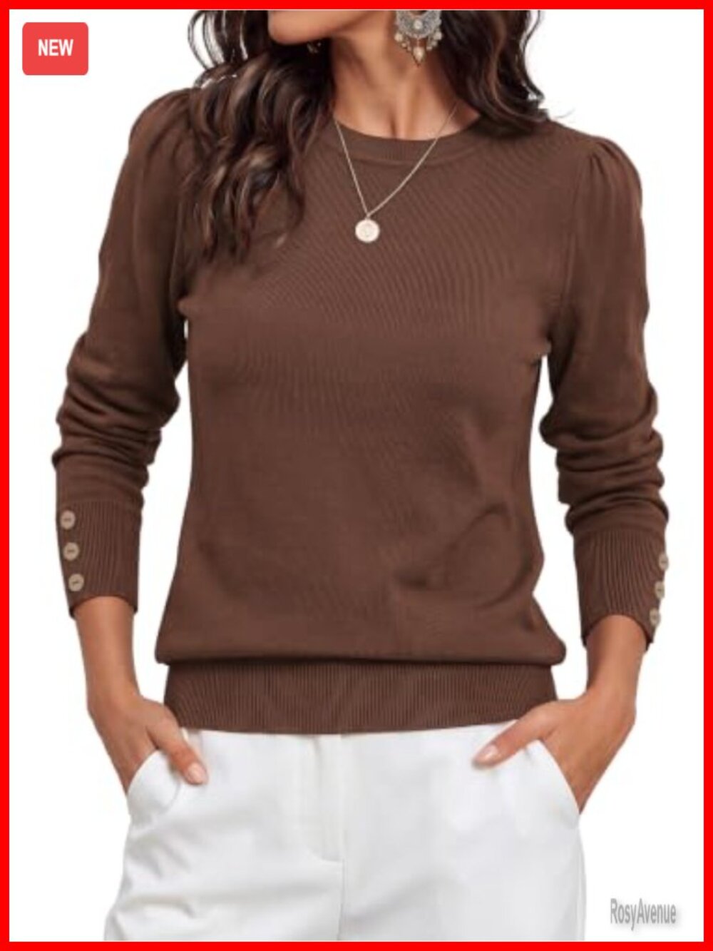 Lightweight Long Sleeve Crewneck Pullover Sweater with Button Cuffs